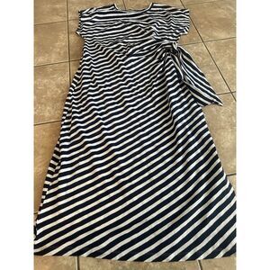 LOFT XL Cotton Striped Side Tie MIDI Dress Navy White